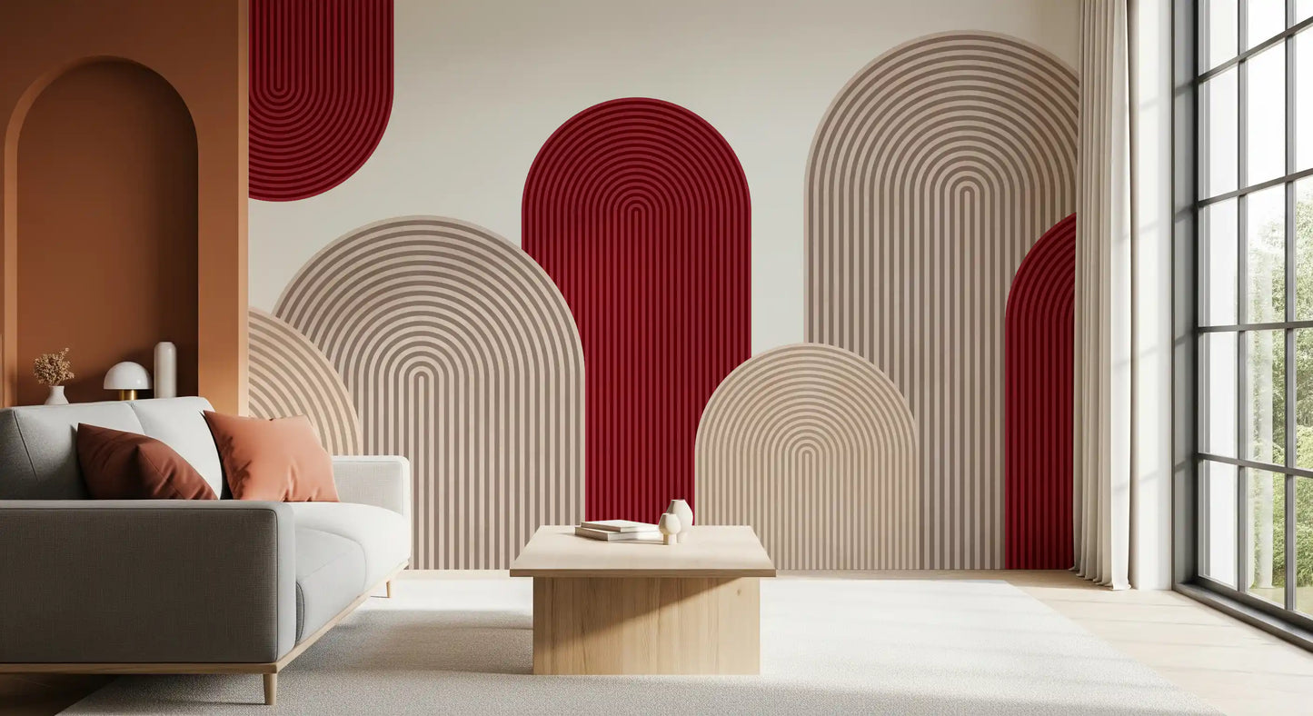 Geometric Ribbon Cascade in Red and Sand Wall Mural