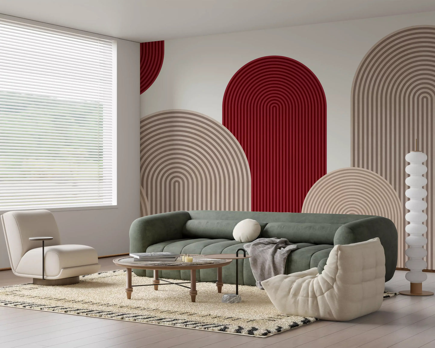 Geometric Ribbon Cascade in Red and Sand Wall Mural