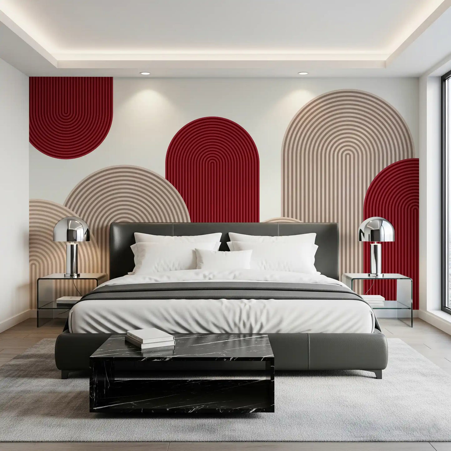 Geometric Ribbon Cascade in Red and Sand Wall Mural