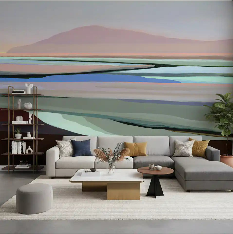 Muted coastal hills wall mural spanning a calm living room feature area GD11048