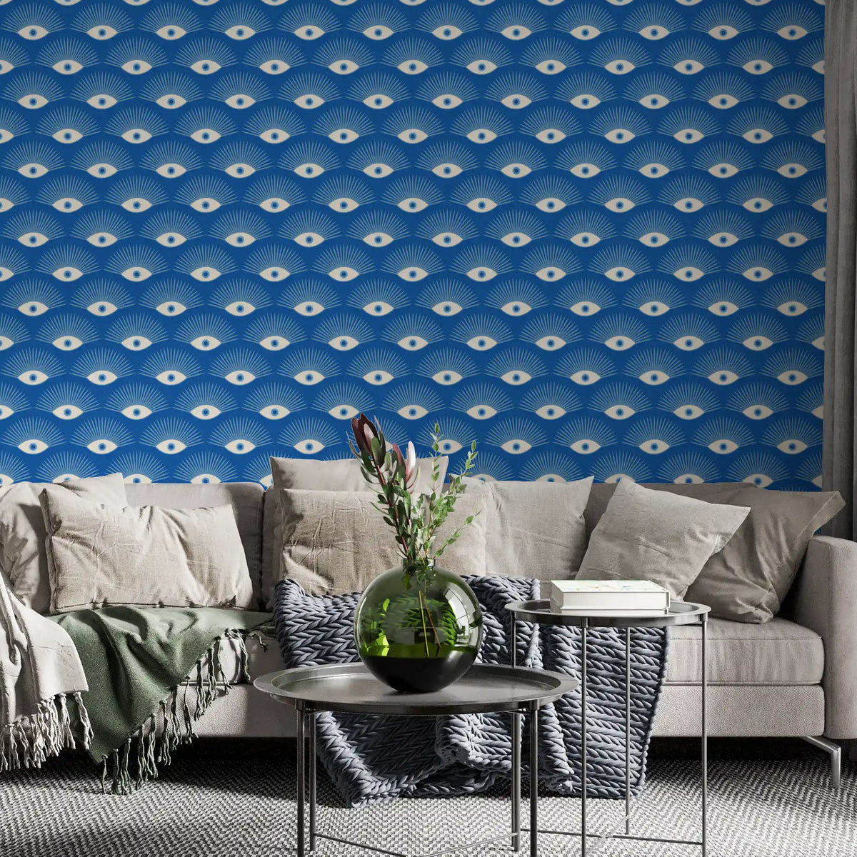 Cobalt eye motif filling a modern living room, Stylized Eyelash wallpaper GD11054

