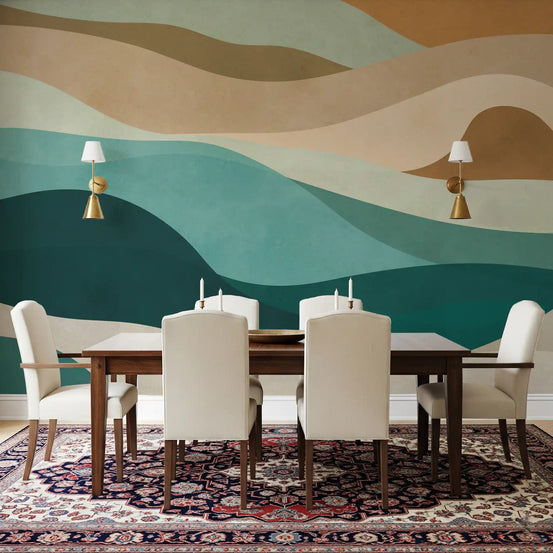 Earthy wave horizon wall mural spanning a calm dining room feature GD11058