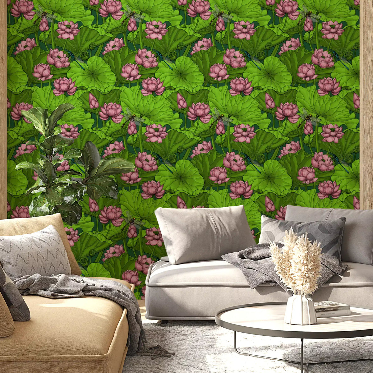 Lotus pond wallpaper fills a calm living room feature, GD11067

