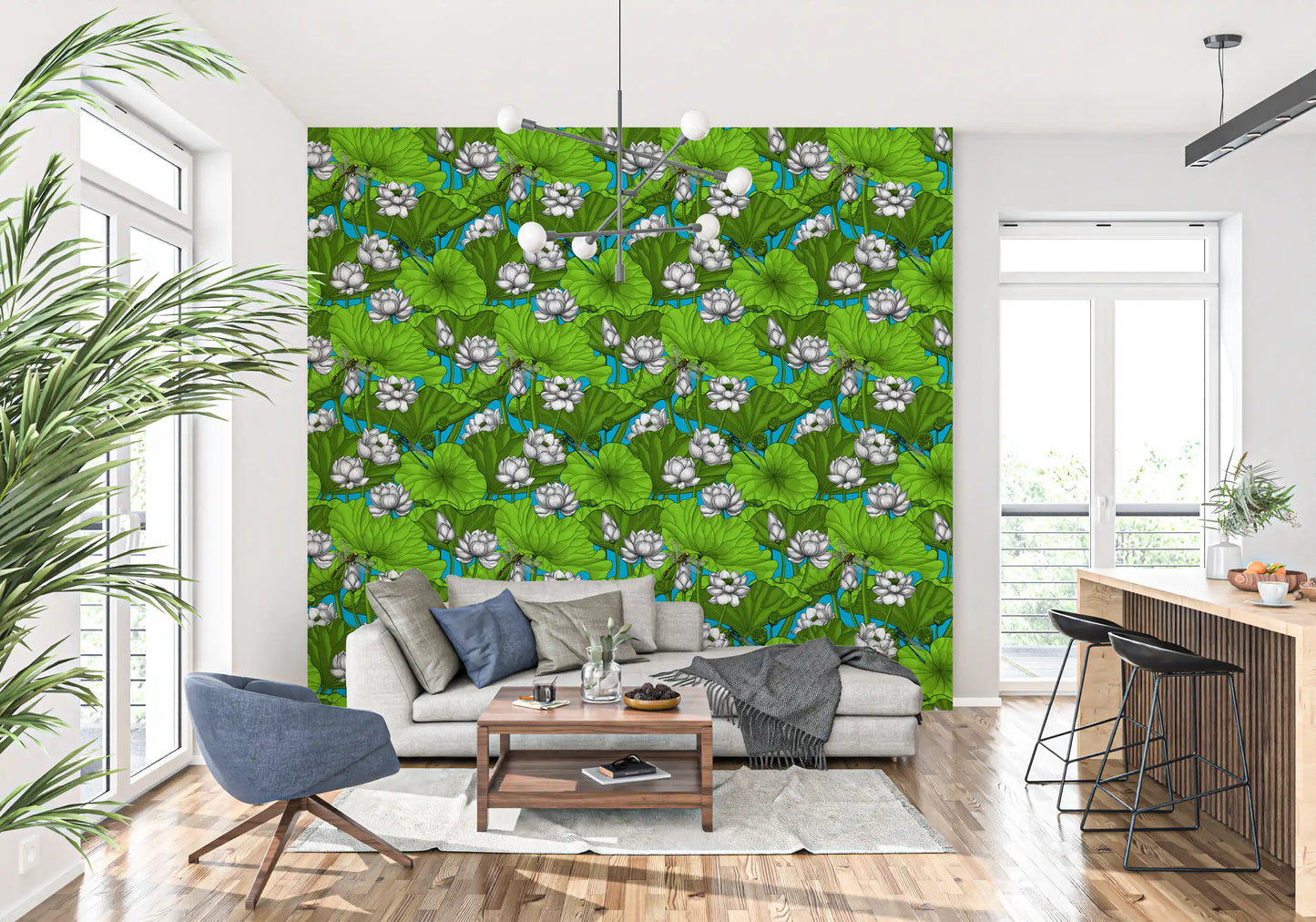 Zen Lotus Pond with Dragonflies in white and green Wallpaper⁠