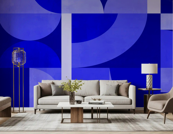 Living room styled with bold blue geometric wall mural shapes, GD11071