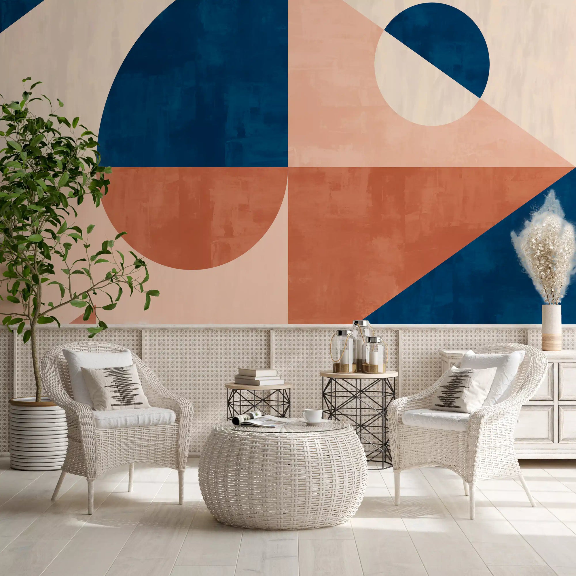 Mid-century abstract wall mural running behind a calm Living room , GD11072