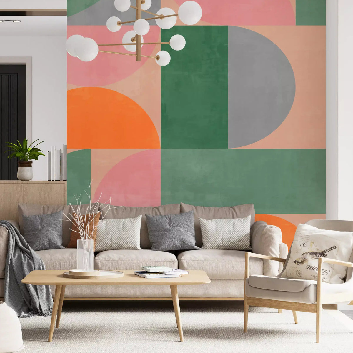 Modern Geometric Arches wall mural filling a bright living room, GD11074
