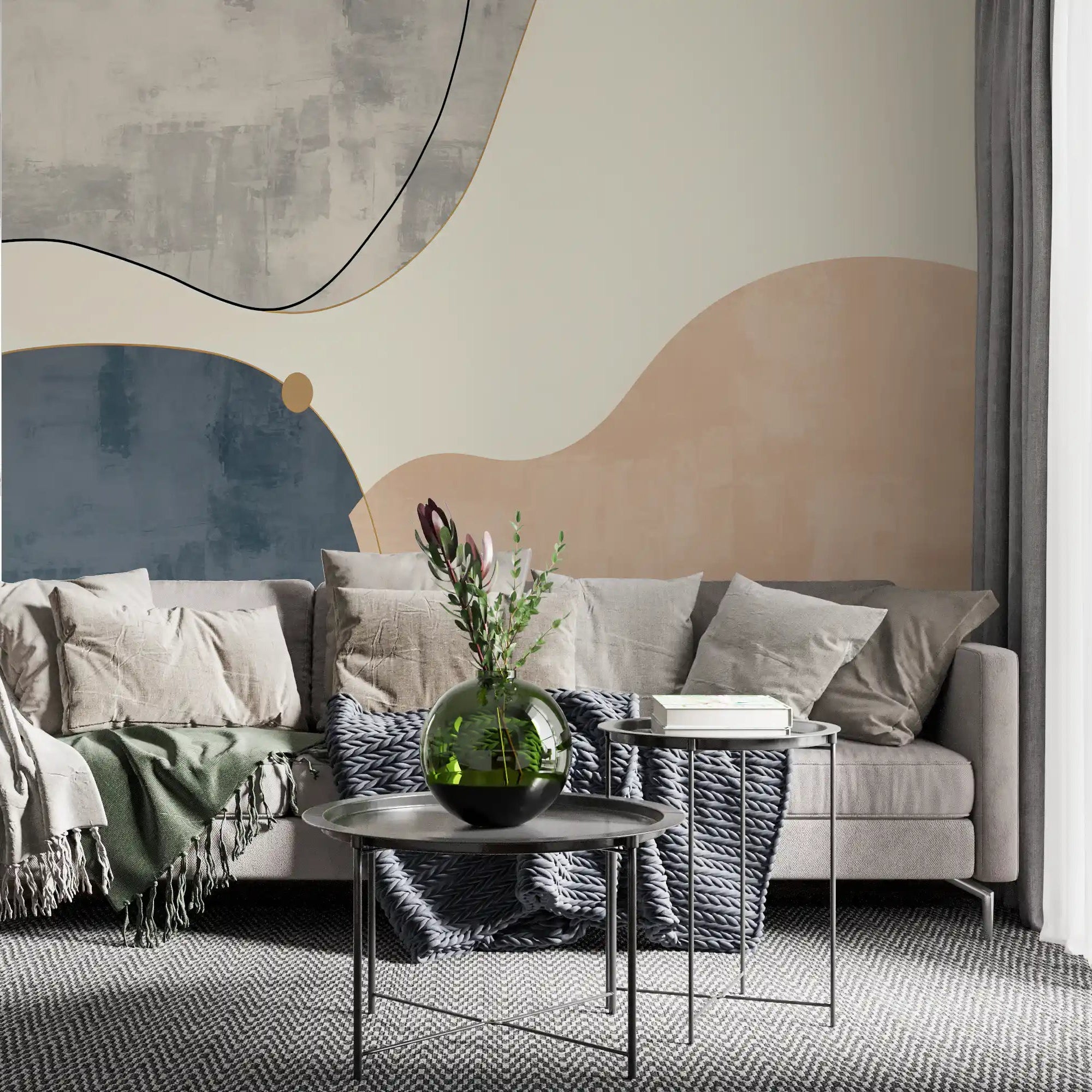 Navy and beige curves warm a modern living room, minimalist geometric wall mural GD11079