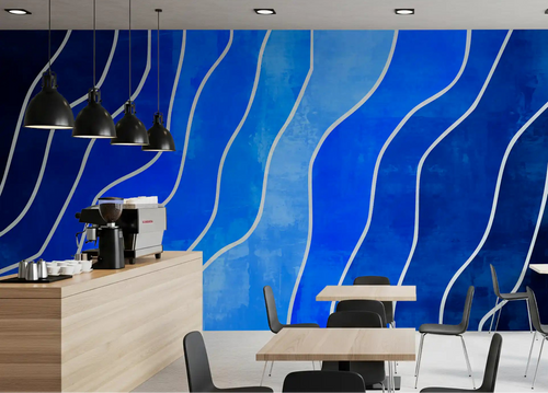 Blue waving lines wake up a modern Cafe , Midnight Tide wall mural GD11084