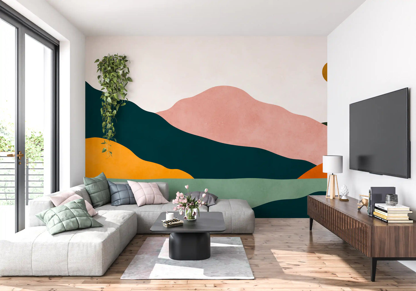 Abstract Peaks and Golden Sun Landscape Wall Mural