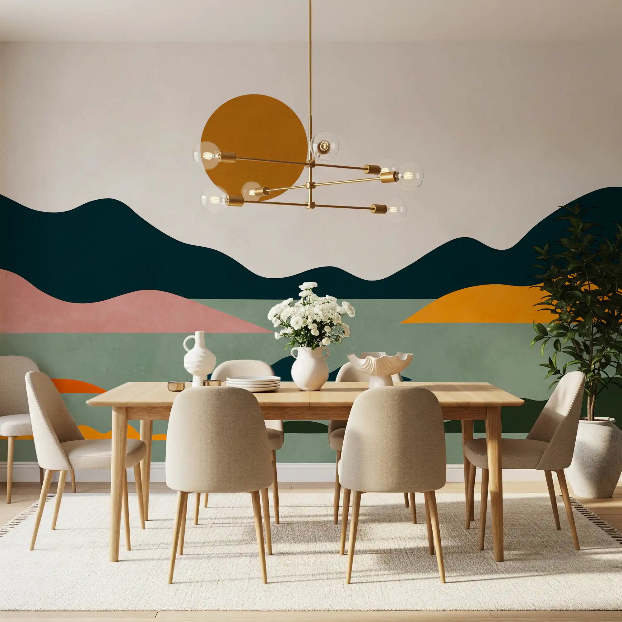 Geometric sunset horizon wall mural warming a dining room scene, GD11088
