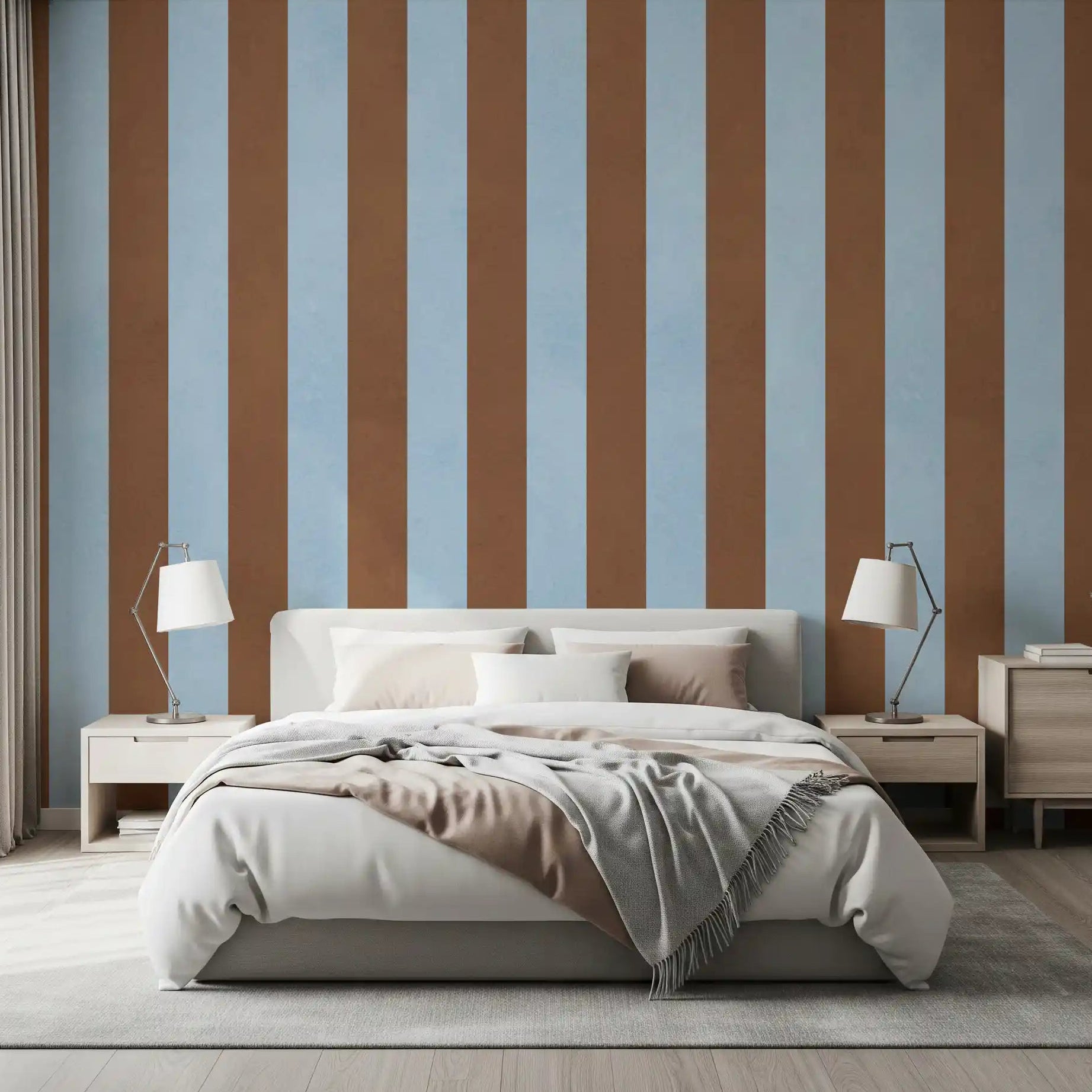 Sky blue and brown striped wall mural set in a bedroom GD11092