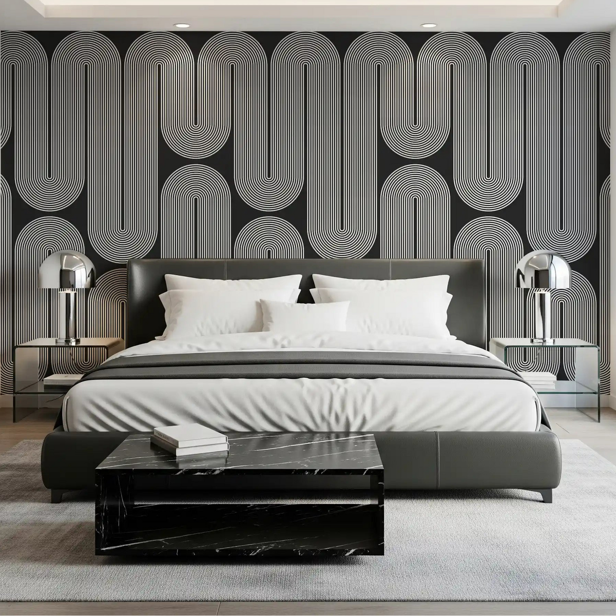 Minimalist monochrome wave arches wall mural in a bedroom GD11102