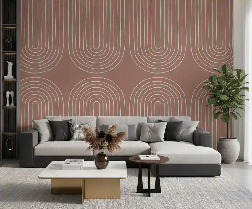 Terracotta arched line motif wall mural spanning a Living room feature space GD11104
