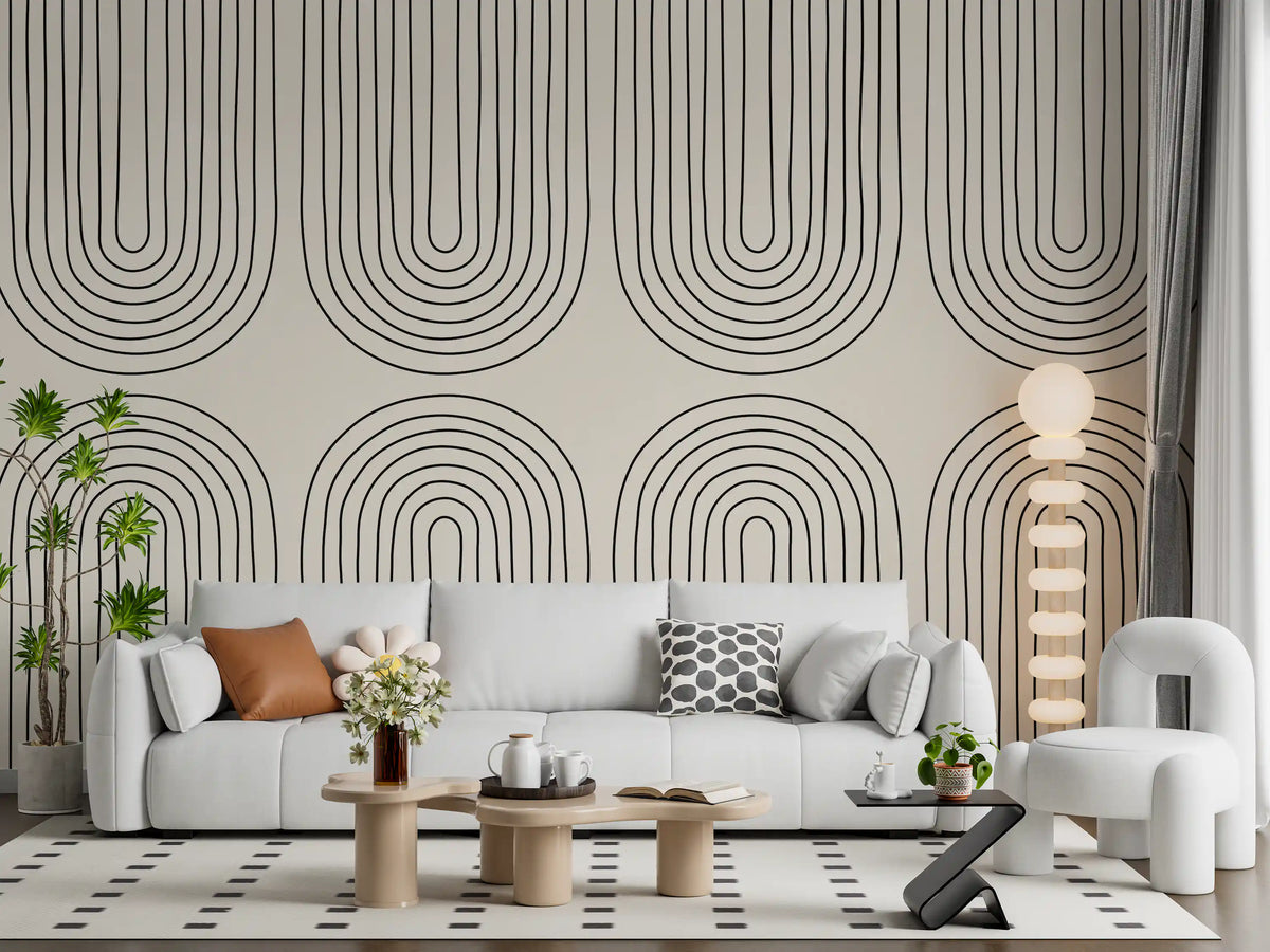 Fine black arches over cream calm a living room, Minimalist line wall mural GD11105

