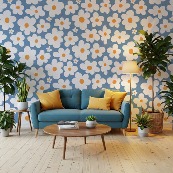 Living room brightened by white daisies on blue, Retro Daisy Bloom wall mural GD11107

