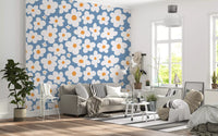 Retro Daisy Bloom Blue Wall Mural