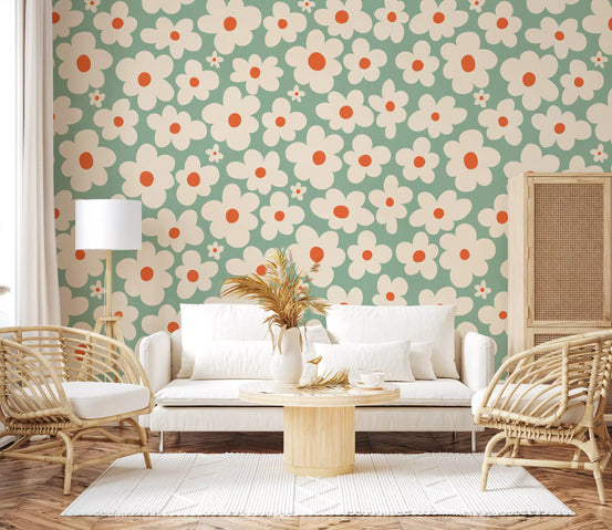 Retro daisy meadow wall mural in a living room GD11108