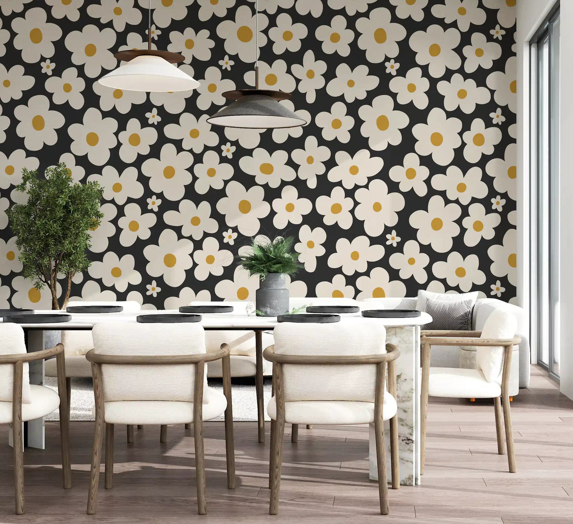 Black and cream daisies lift a modern dining room, retro floral wall mural GD11109