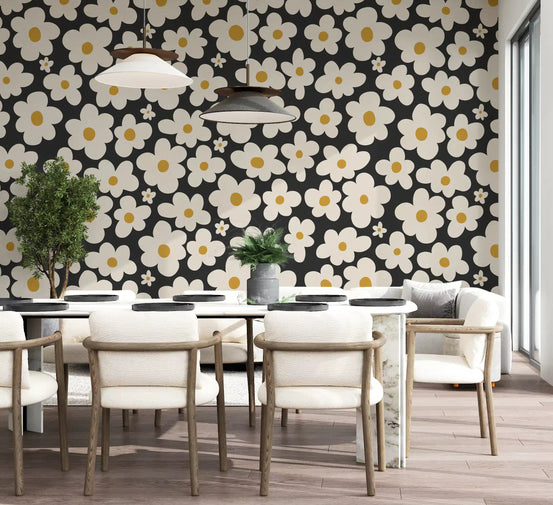 Black and cream daisies lift a modern dining room, retro floral wall mural GD11109