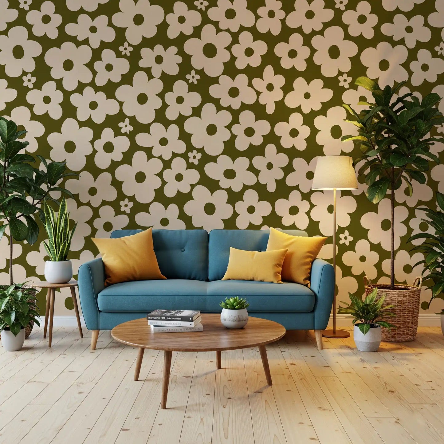 Retro Daisy Meadow in Sage and Cream Wall Mural
