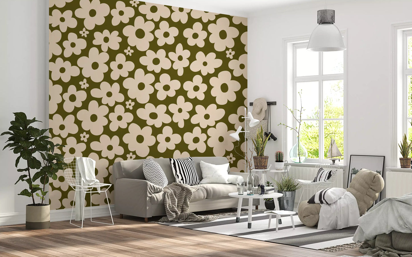 Retro Daisy Meadow in Sage and Cream Wall Mural