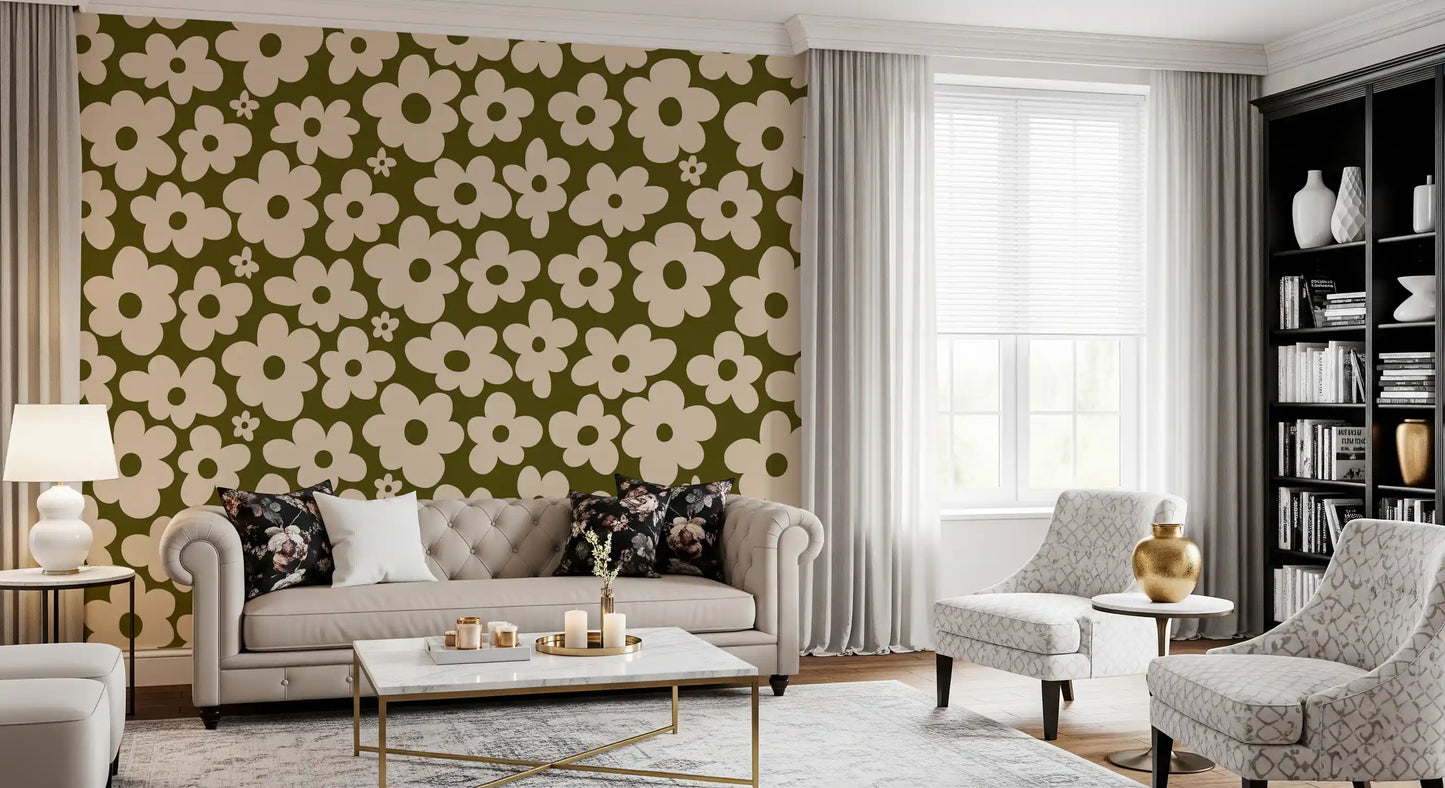 Retro Daisy Meadow in Sage and Cream Wall Mural