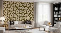 Retro Daisy Meadow in Sage and Cream Wall Mural