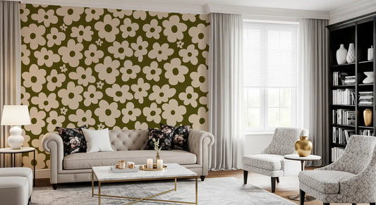Retro Daisy Meadow in Sage and Cream Wall Mural