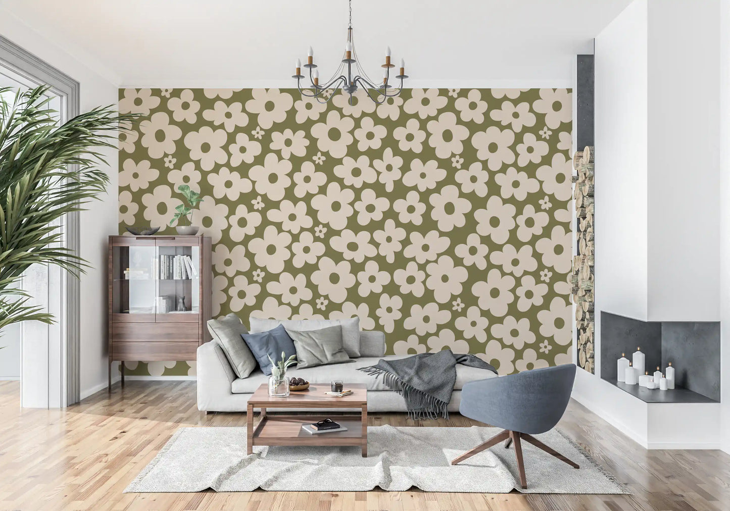 Retro Daisy Meadow in Sage and Cream Wall Mural