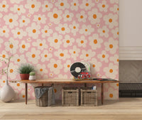 Retro Cream and Pink Daisy Field Wall Mural
