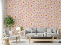 Retro Cream and Pink Daisy Field Wall Mural