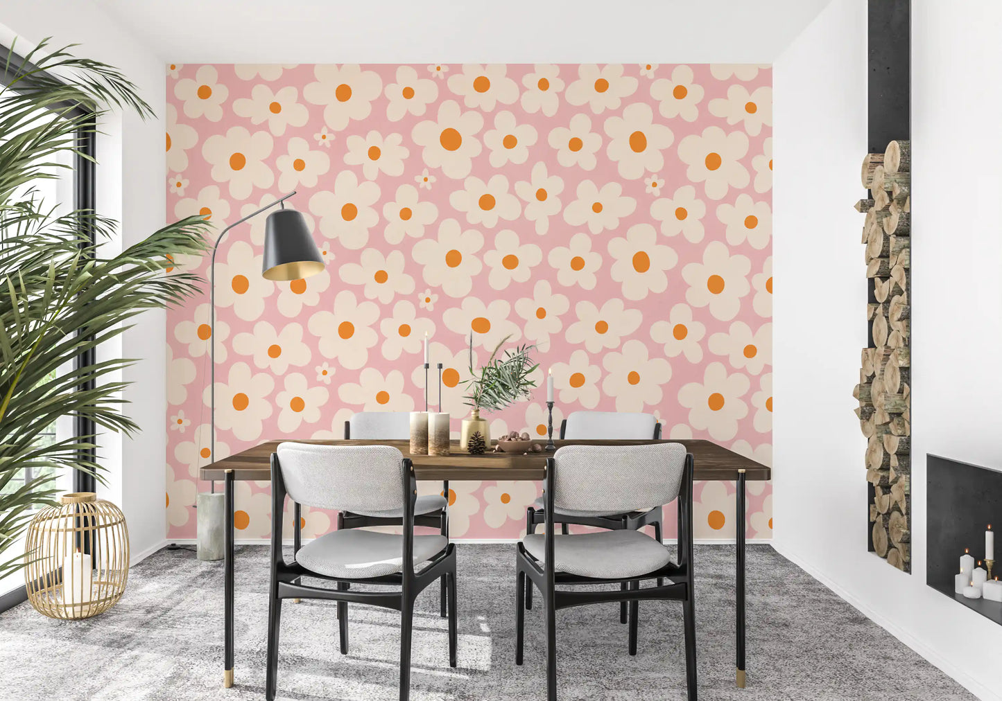 Retro Cream and Pink Daisy Field Wall Mural