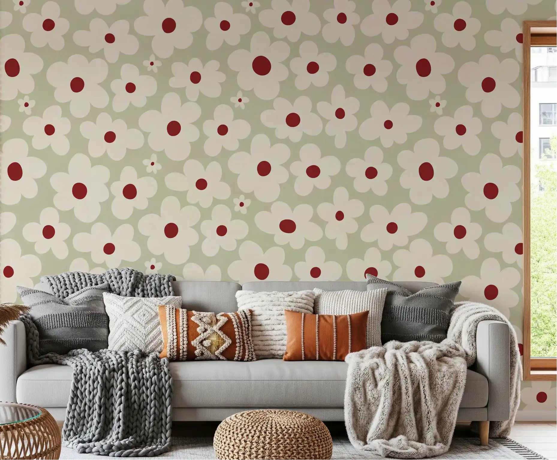 Retro Sage Daisy Meadow wall mural warming a sunlit living room, GD11113
