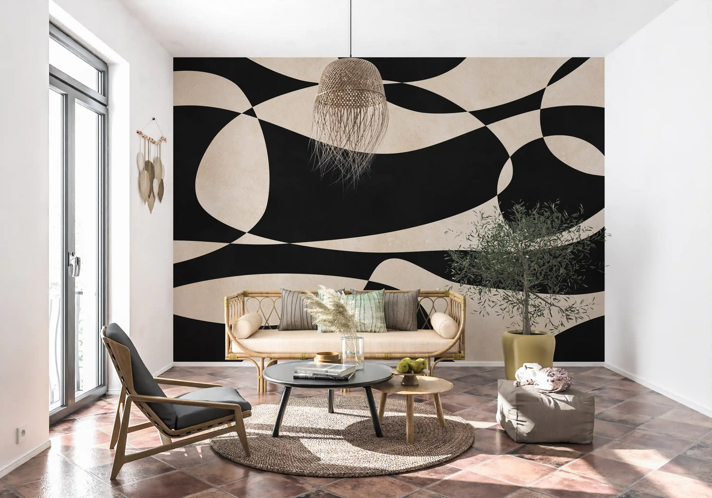 Abstract Cream and Charcoal Interplay Wall Mural