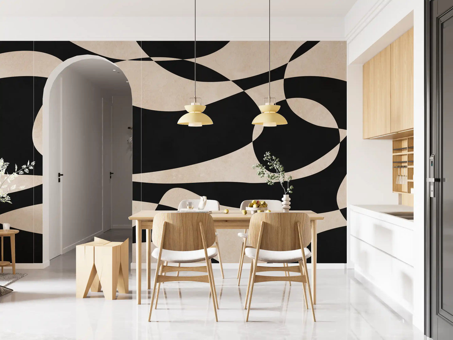 Abstract Cream and Charcoal Interplay Wall Mural