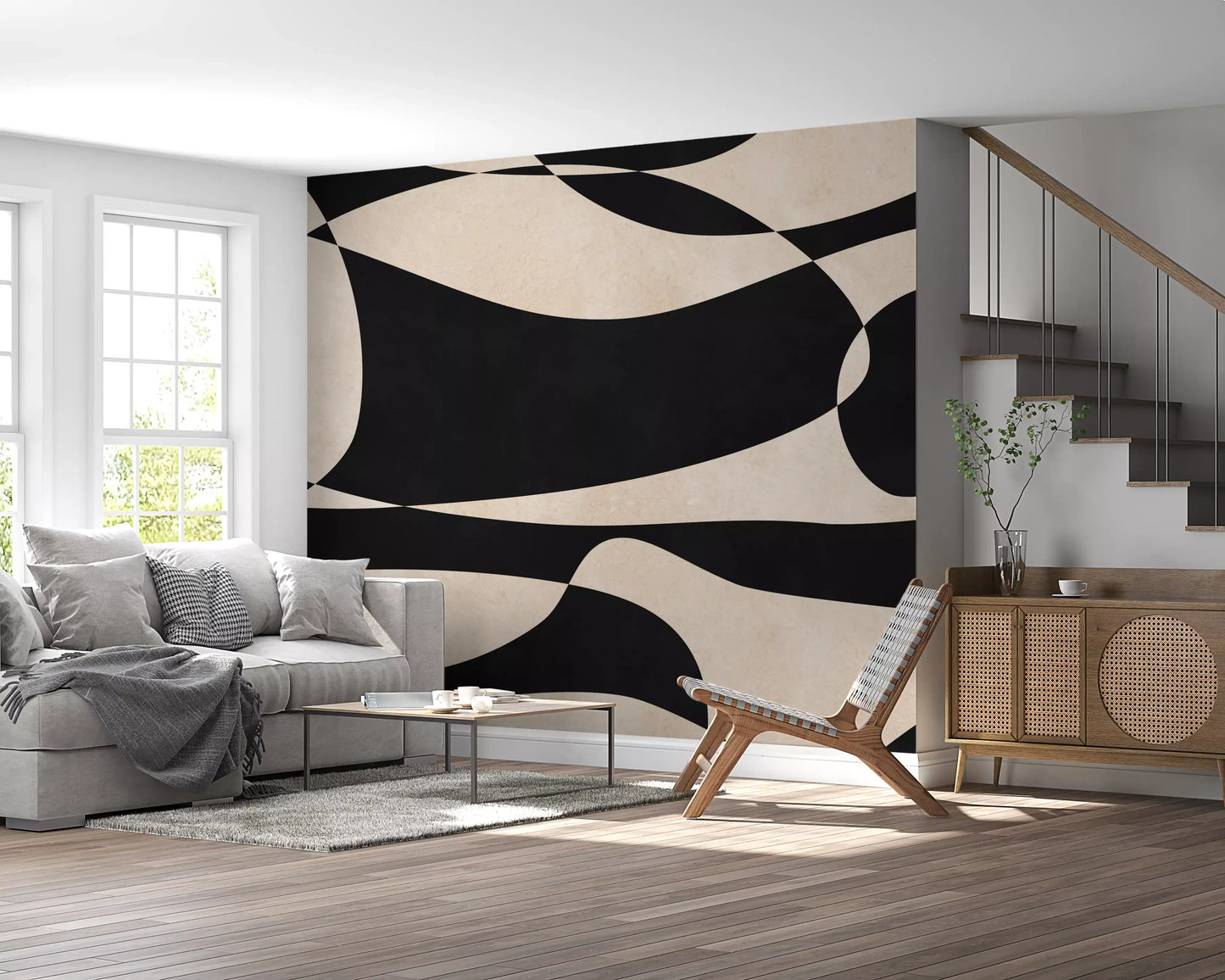 Abstract Cream and Charcoal Interplay Wall Mural