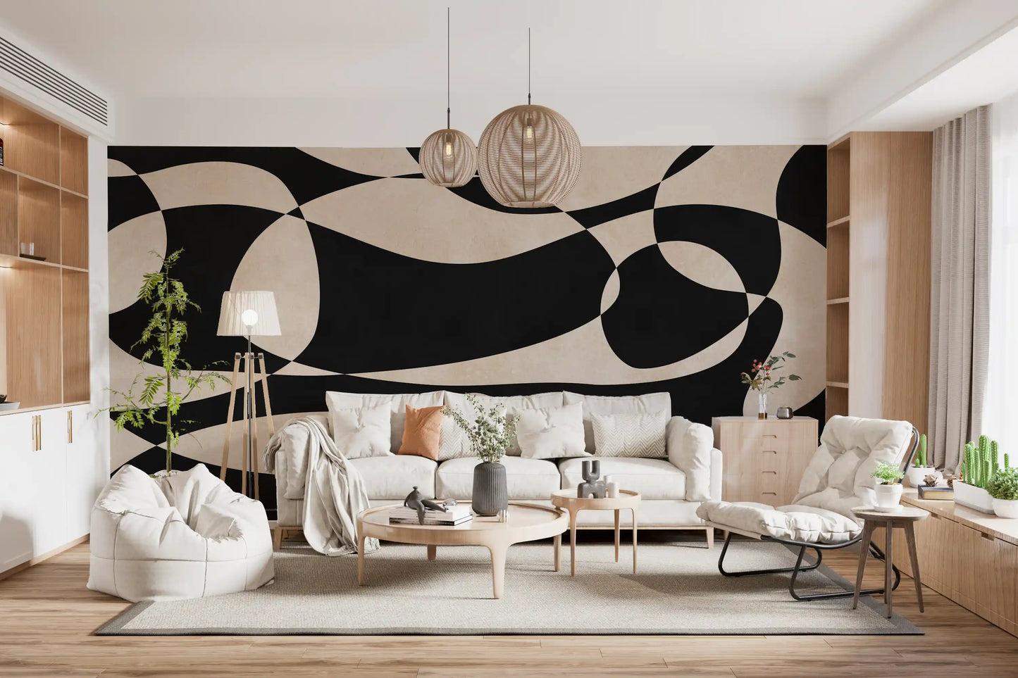 Abstract Cream and Charcoal Interplay Wall Mural