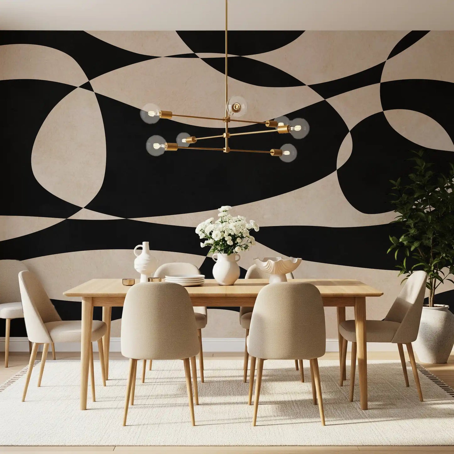 Abstract Cream and Charcoal Interplay Wall Mural