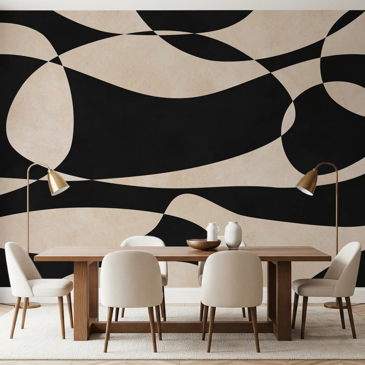 Abstract Cream and Charcoal Interplay Wall Mural