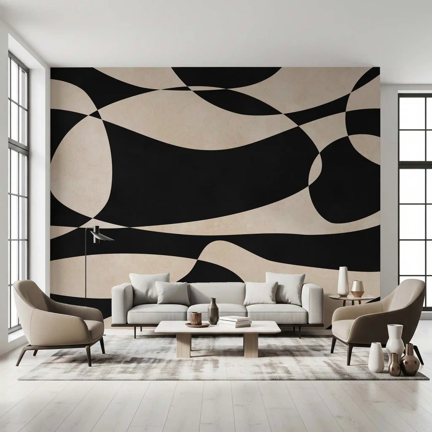 Abstract Cream and Charcoal Interplay Wall Mural