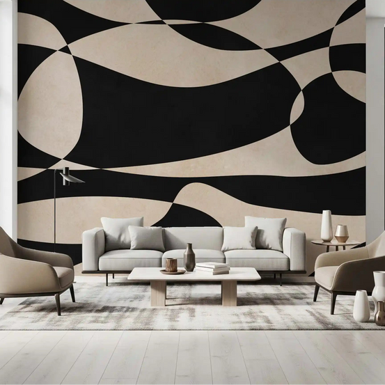 Cream and charcoal shapes on an abstract wall mural in a living room, GD11117
