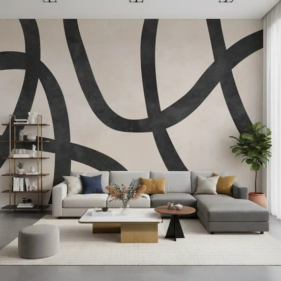 Monochrome Sculptural Loops wall mural framing a modern living room, GD11118
