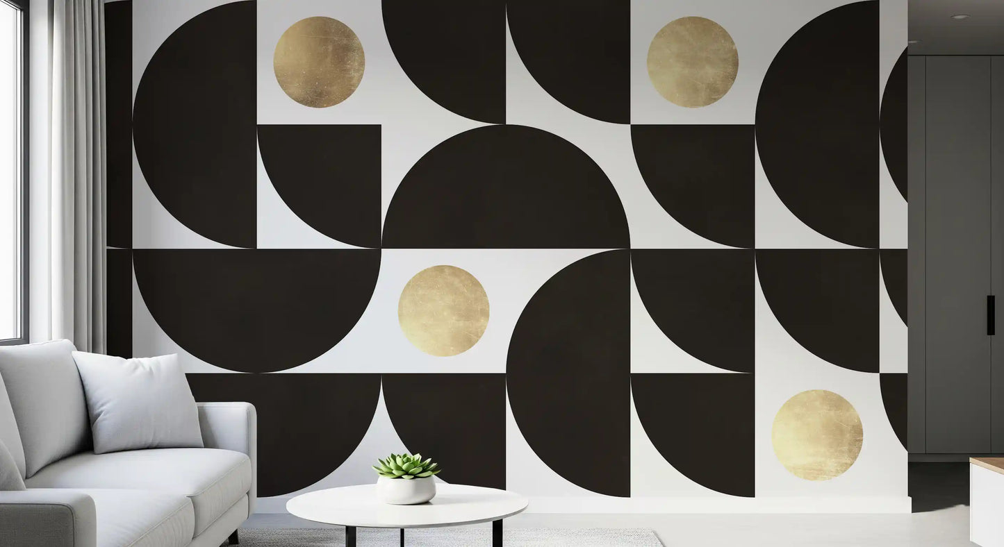 Modernist Geometric Gold and Black Arcs Wall Mural