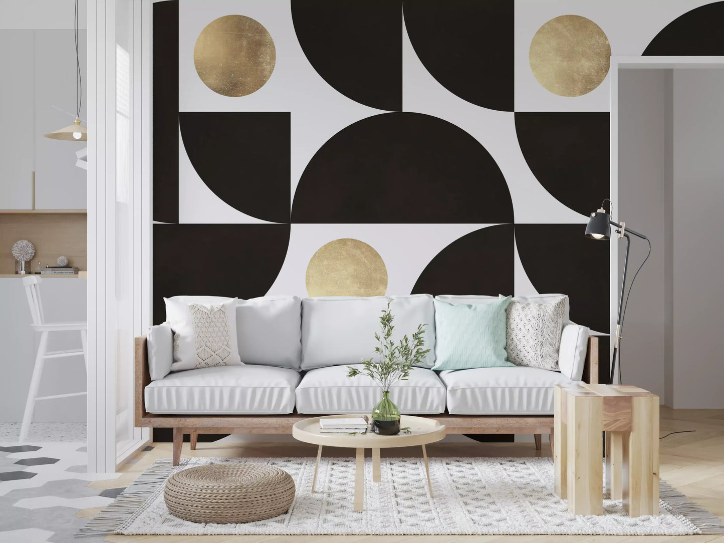 Modernist Geometric Gold and Black Arcs Wall Mural