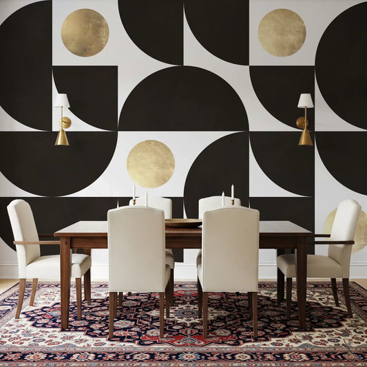 Modernist Geometric Gold and Black Arcs Wall Mural