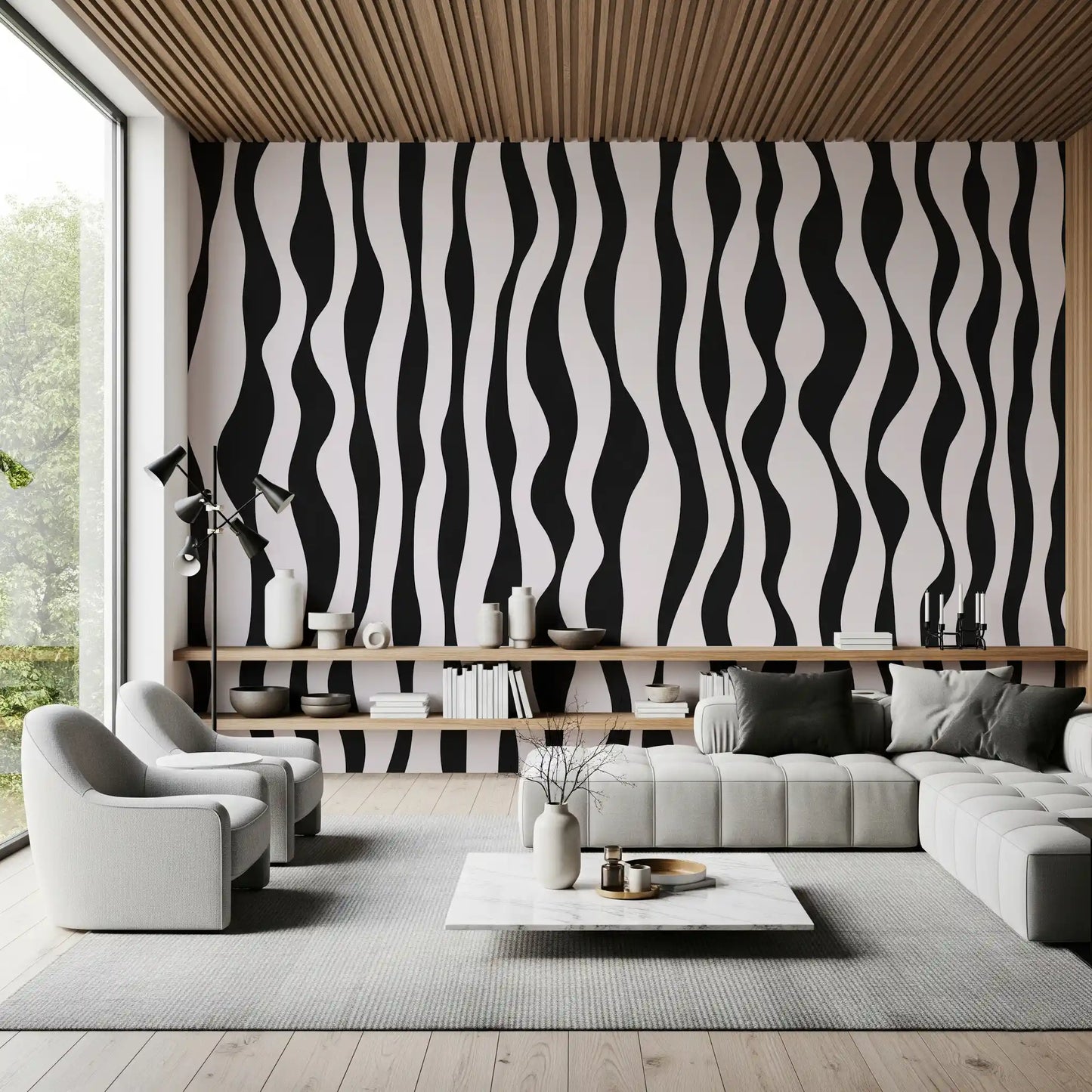 Monochrome Wavy Stripe Design Wall Mural