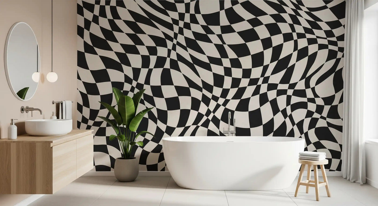 Wavy Monochrome Checkerboard Wall Mural