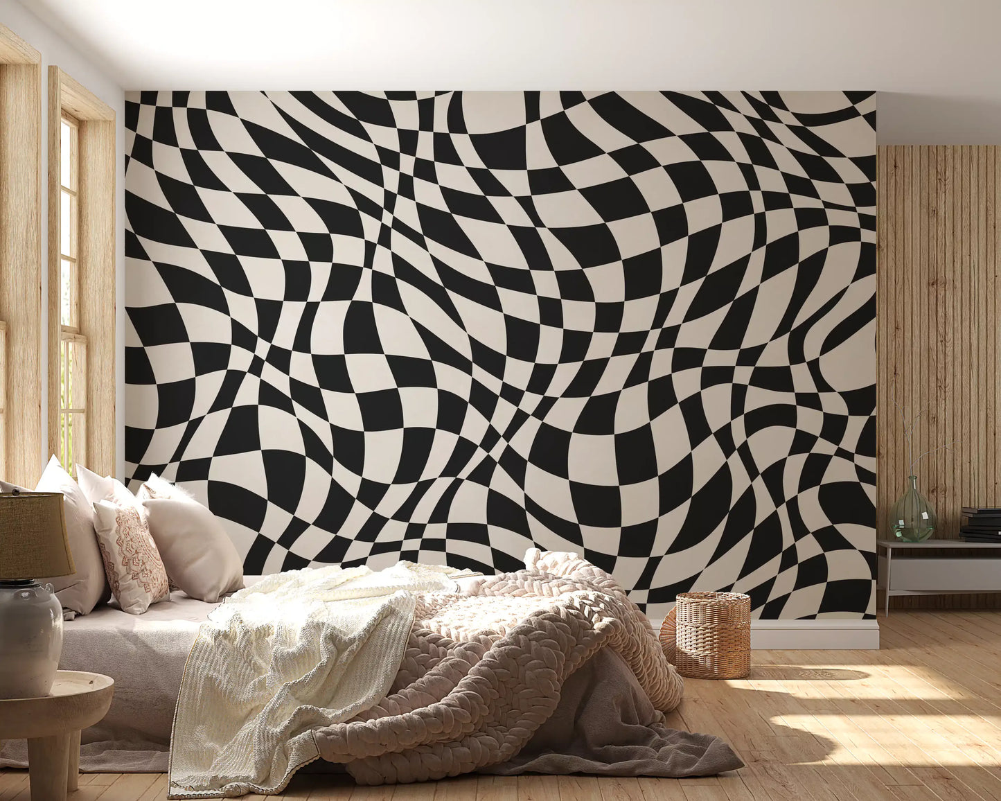 Wavy Monochrome Checkerboard Wall Mural