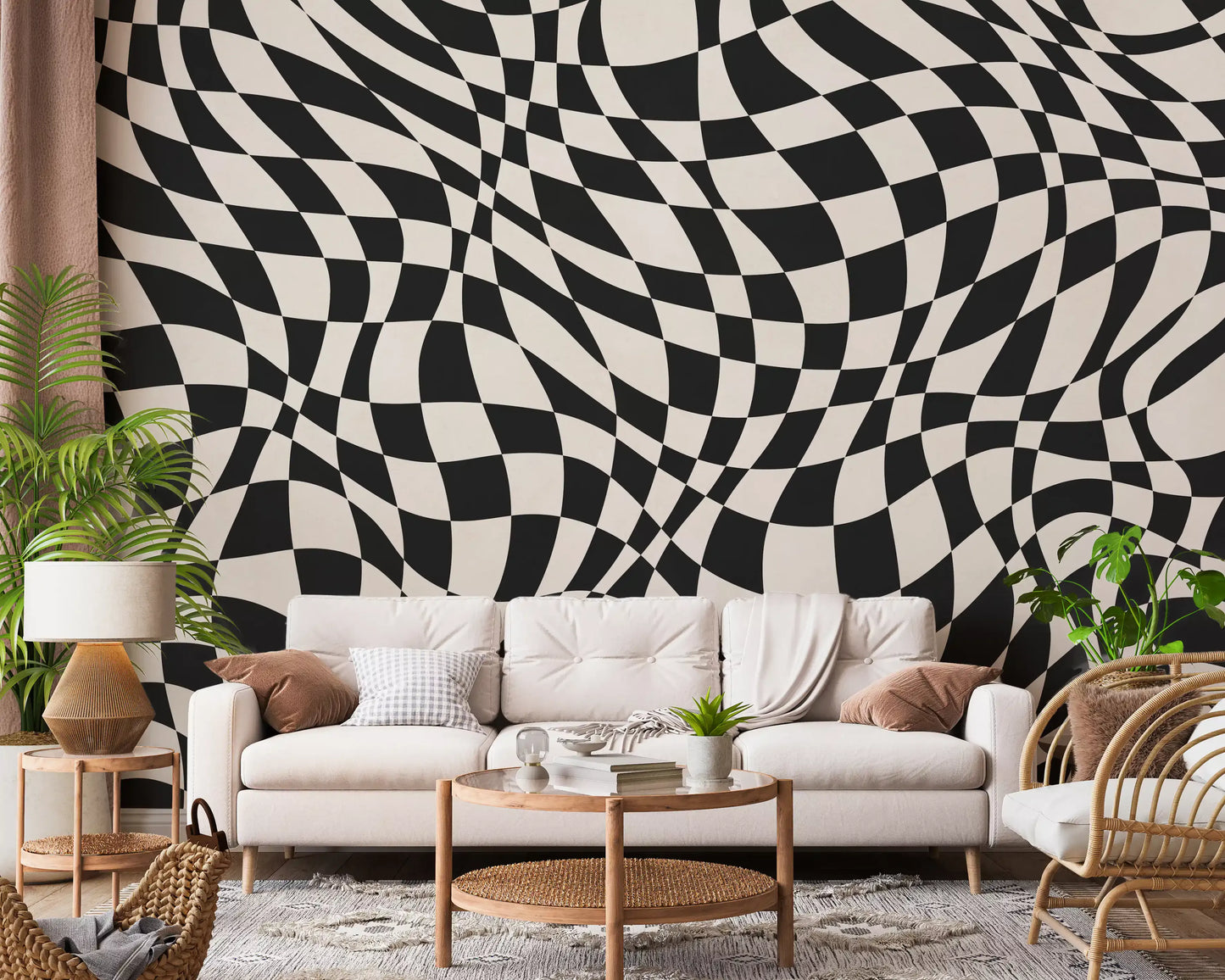 Wavy Monochrome Checkerboard Wall Mural